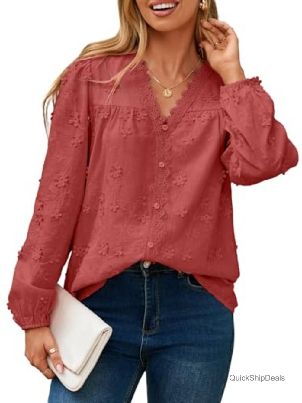 Women's 3D Floral Embroidered Blouse V Neck Button Lace Long Sleeve Boho Top - Picture 1 of 6